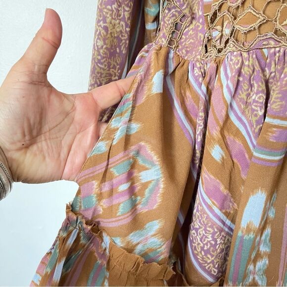 Free People Augustine Mini babydoll dress Brown Pink NWOT size XS Rare - Picture 6 of 13